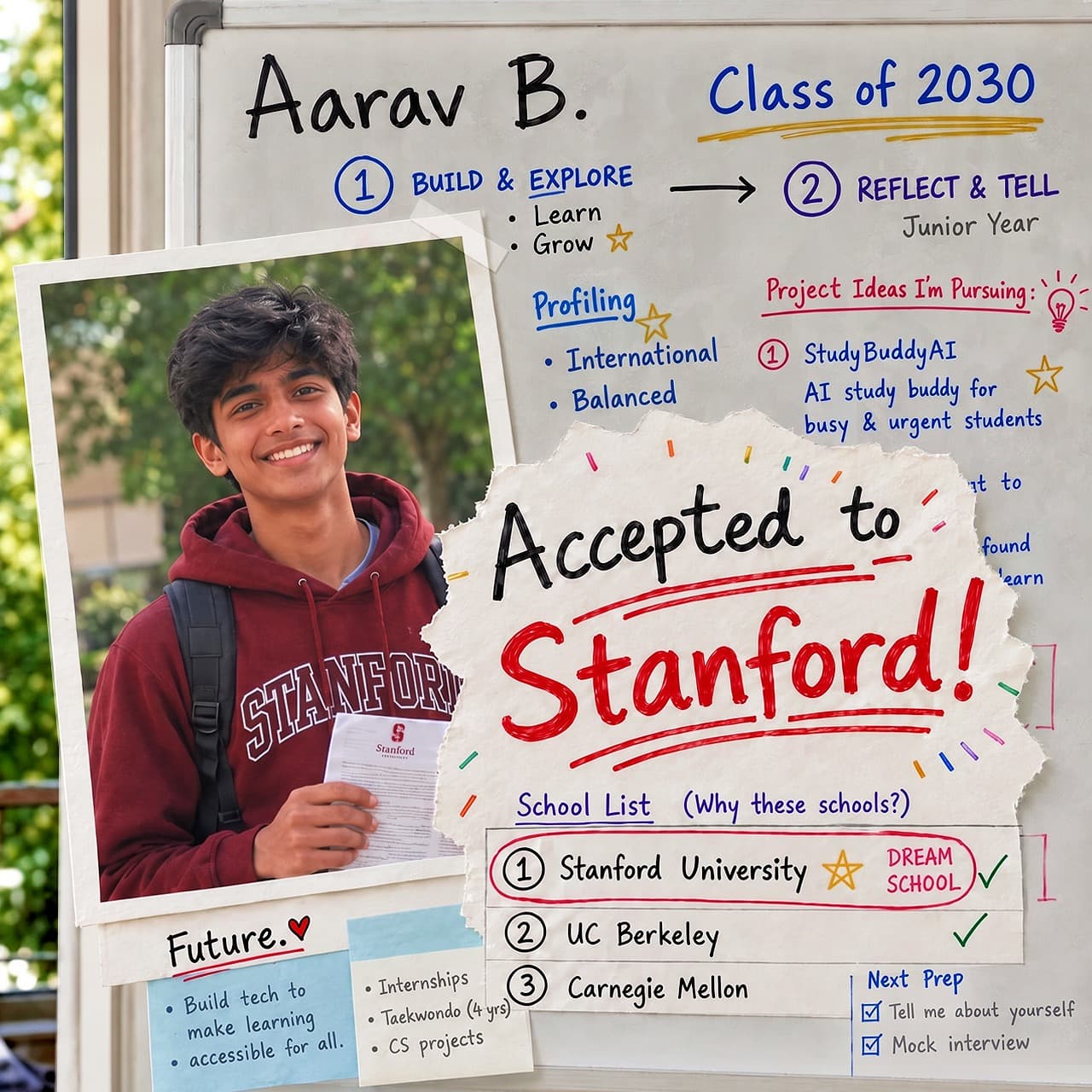 Aarav B., Class of 2030 — planning whiteboard with an “Accepted to Stanford!” note